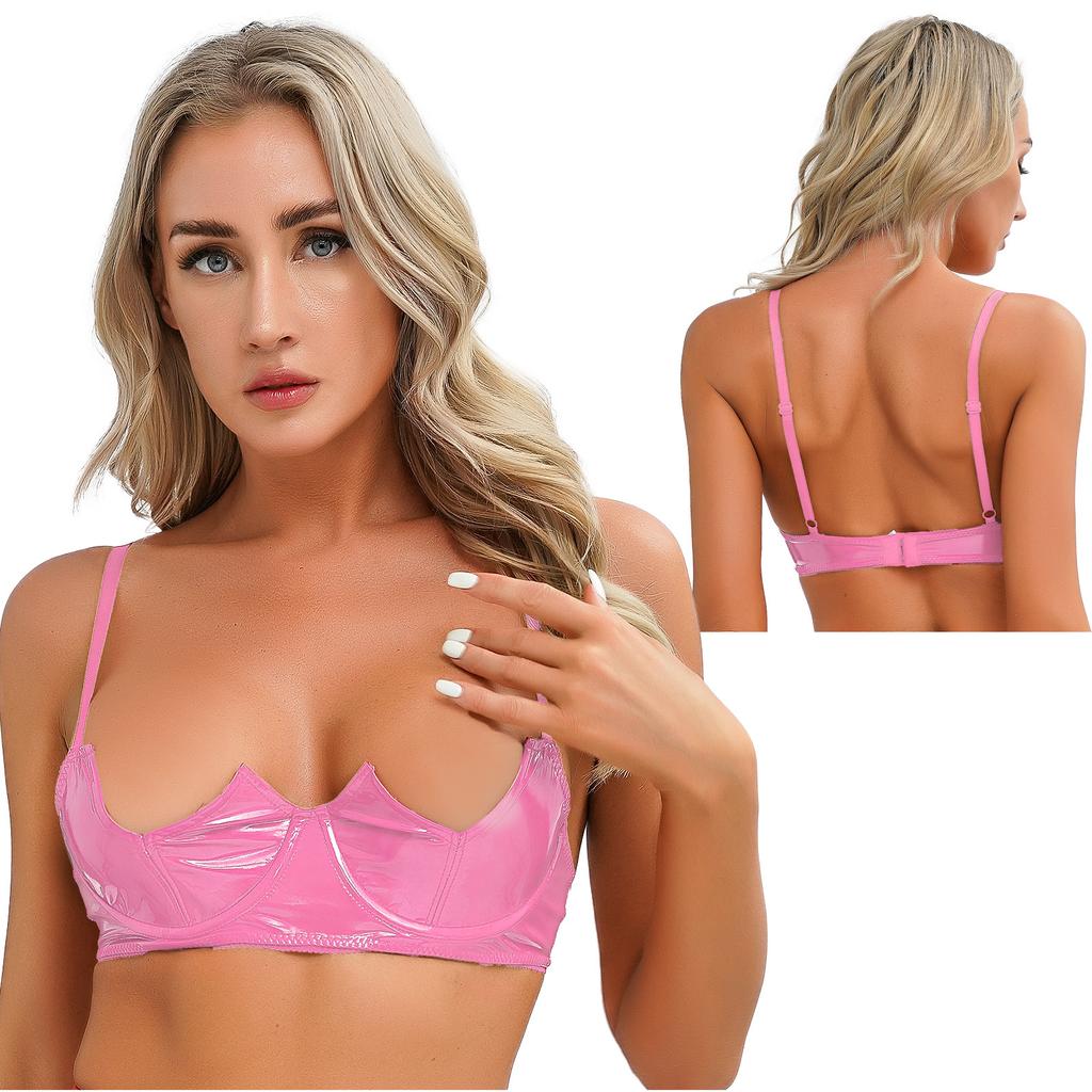 Dame V-Notch bøyle BH Push Up Justerbare Spaghetti stropper Bralette Bh i patentskinn