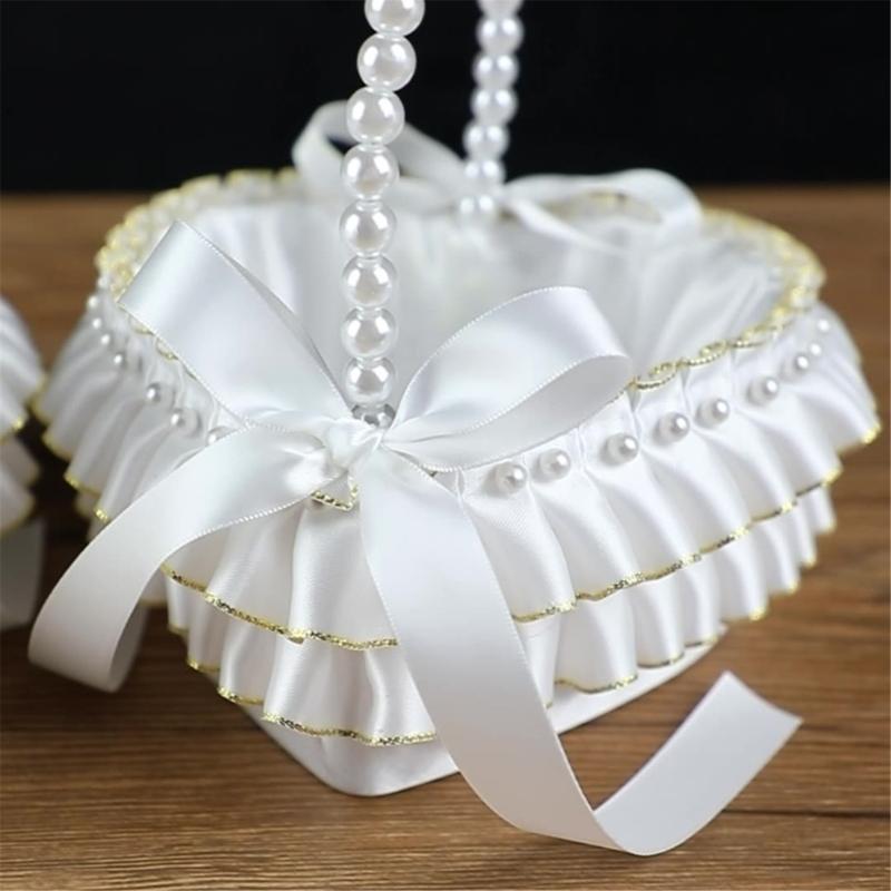 Decorative Pearls Embellished Storage Basket With Golden Edges for Wedding Reception Party Decorations