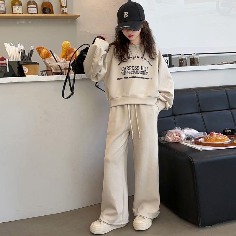 

Autumn Winter Kids Girls Clothes Suit Child Letters Sweatshirt Crop Top + Wide Leg Pant Tracksuit 4 5 6 7 8 9 10 11 12 Year 100 абрикосовий