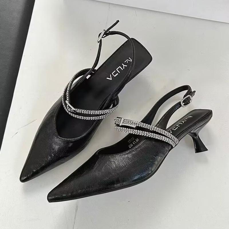 Fashion New Summer Women's Luxury Slingback Low-heel Sandals Silvery Pointed Woman Mules Fashion Rear Trip Strap Flat Bottom Beach Shoes