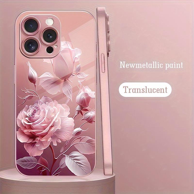 Luxury Pink Rose Pattern Pink Metallic Paint Glass Hard Phone Case For iPhone 17 16 15 14 13 12 11 Pro Max Plus 16E 17Air Cover