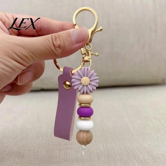 Flower Charm with Wood Beads Silicone Keychain Faux Leather Wristlet, Car Key Floral Ring Pendant Pendant, Handbag Backpack Women