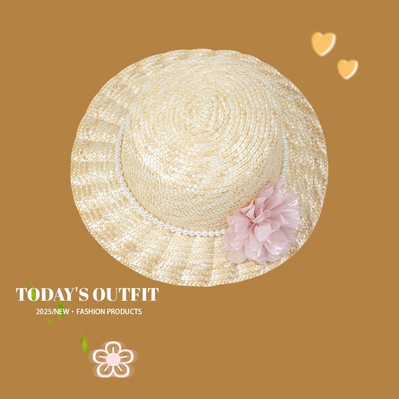 Flowers Pearl Straw Hat Women's Sweet and Versatile Hepburn Style Top Hat Summer Sun Shaving Hat