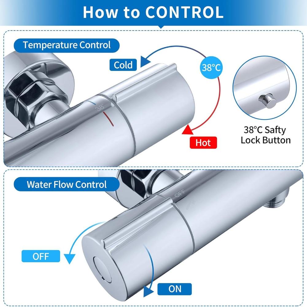 Shower Faucet with Thermostat - Cleaning Mixed Battery Shower with 38°C Safety Button, Chrome Mixed Battery Shower, Thermostat Faucet Stainless Steel