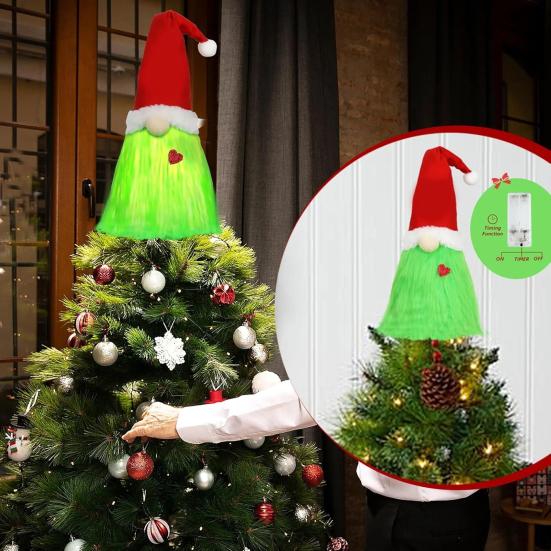 Green Gnome Christmas Tree Topper Plush Xmas Elf Tree Topper Decoration for Christmas Tree Holiday Home Decor