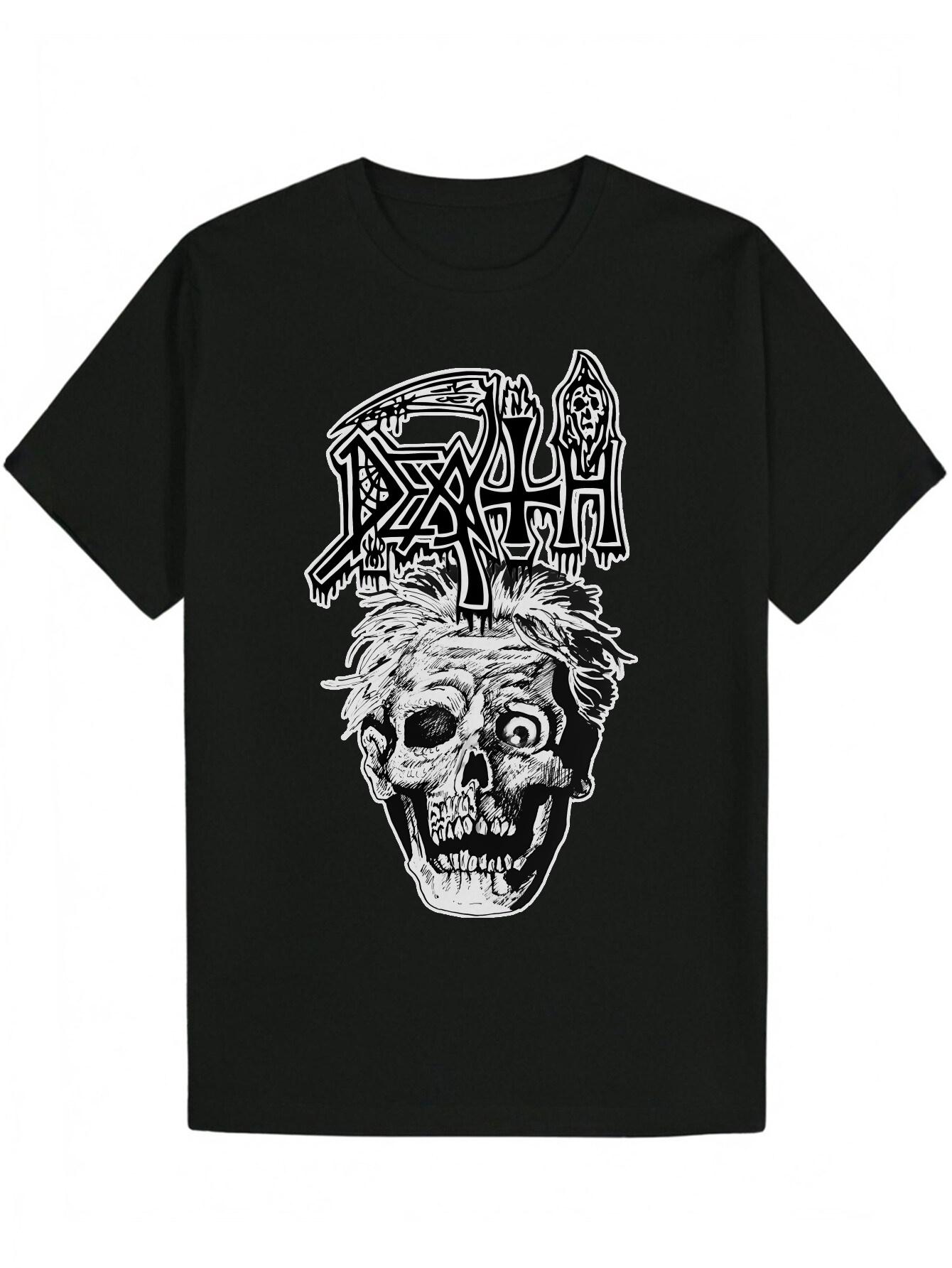 Crew Neck Polyester T-shirt with Gothic Skull & Crossbones Graphic - Black S