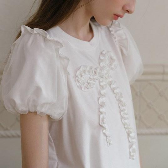 ISLOVE Unique Super Good-looking Fungus Lace Bow Top White Organza Bubble Sleeve T-shirt Women's Summer