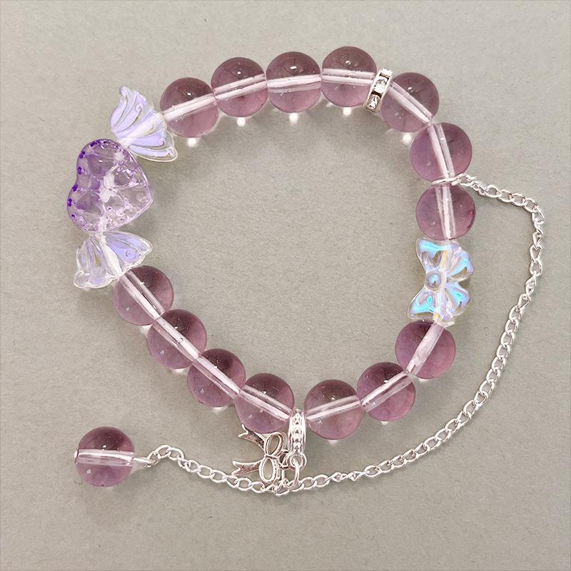 Korean Pink Crystal Flowers Butterfly Pendant Beaded Bracelet For Women Sweet Beads Chain Bracelets Girlfriend Jewelry Gifts