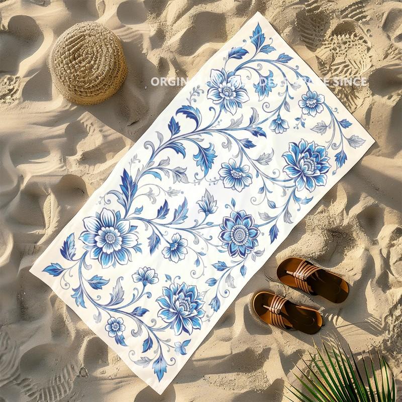 Blue Porcelain Floral Beach Towel Patterned Sunscreen And Windproof Suitable For Swimming Pool Camping Travel