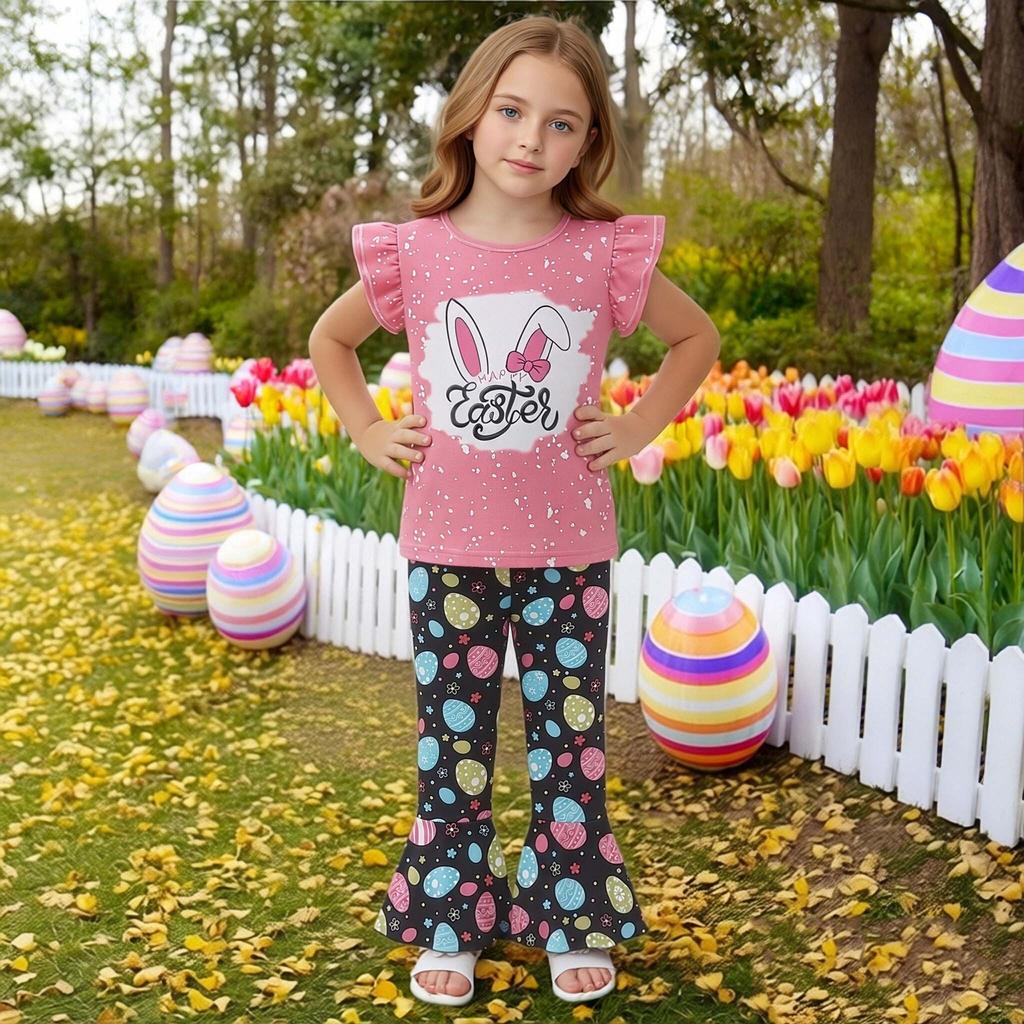 Toddler Girl Summer Outfit 1-6 Years Old Pink Rabbit Top with Black Easter Egg Print Bell Bottom Pants Cute Casual Set
