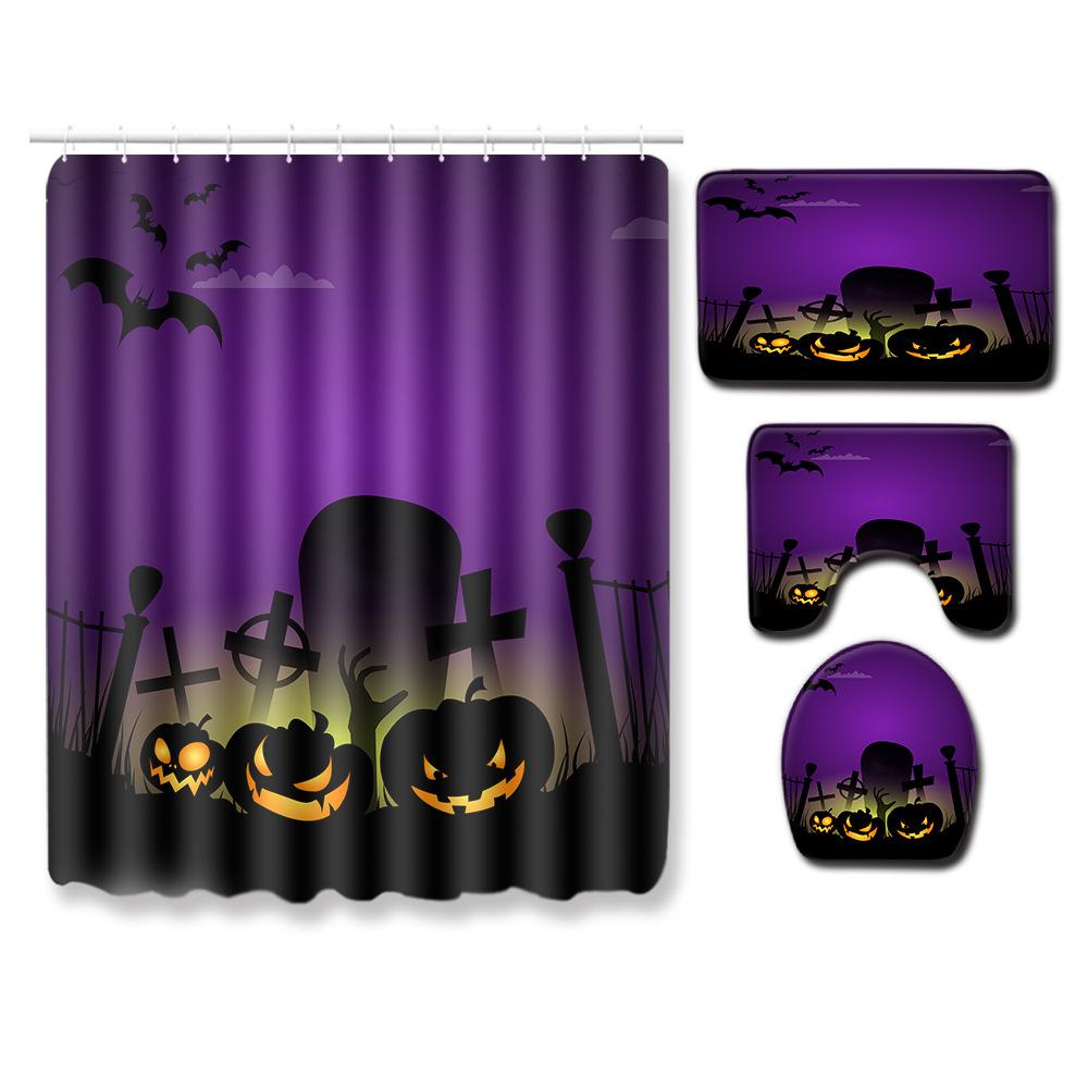 Halloween Shower Curtain Floor Mat Combination Four-Piece Set Bathroom Toilet Carpet Shower Room Foot Mat