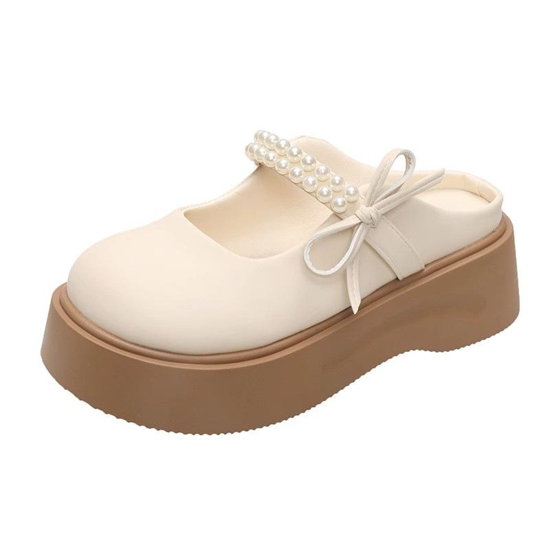 New Pearl Thick Bottom Heightening Muffin Non-slip Slippers Female Mary Jane Bow Spring Cute 2025 Bag Head Drag