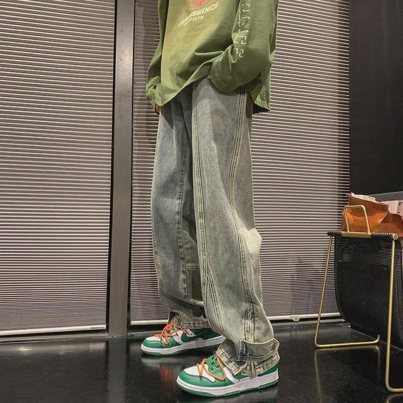 Calça Jeans Masculina de Verão Moda Retro Rasgada de Perna Larga