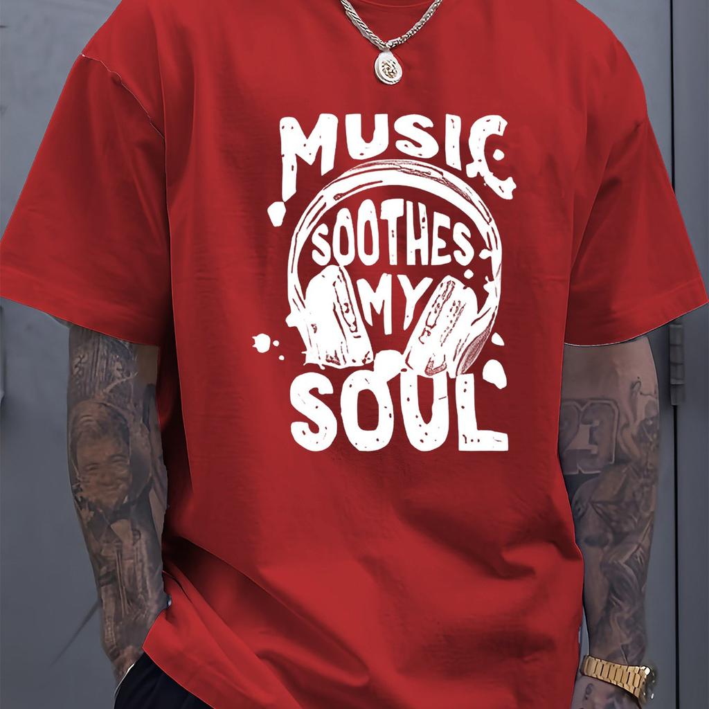 Men's Summer 100% Cotton Fashionable Casual Loose Music Soothing My Soul Pattern Printed Sports Round Neck Short Sleeve T-shirt
