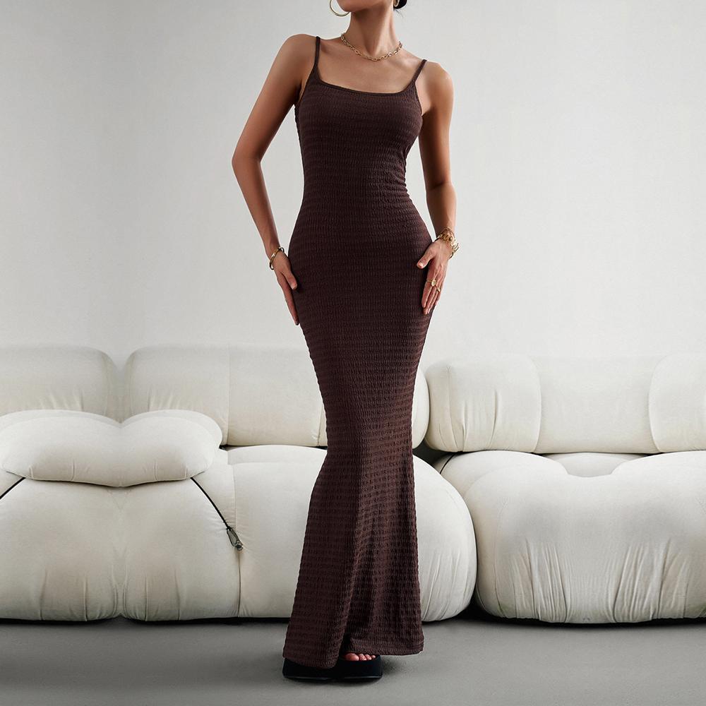 Women's Autumn Winter Sexy Wrapped Hip Slim Fit Knitted Strap Halter Neck Solid Color Dress