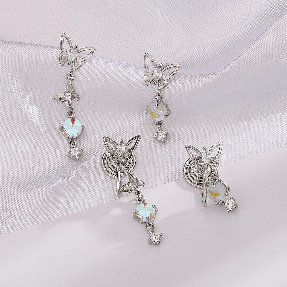 Gu Maoning, Light Luxury Asymmetric Earrings, Niche Zircon Fringed Earrings, Temperament, Moonstone Butterfly Earrings, Long.