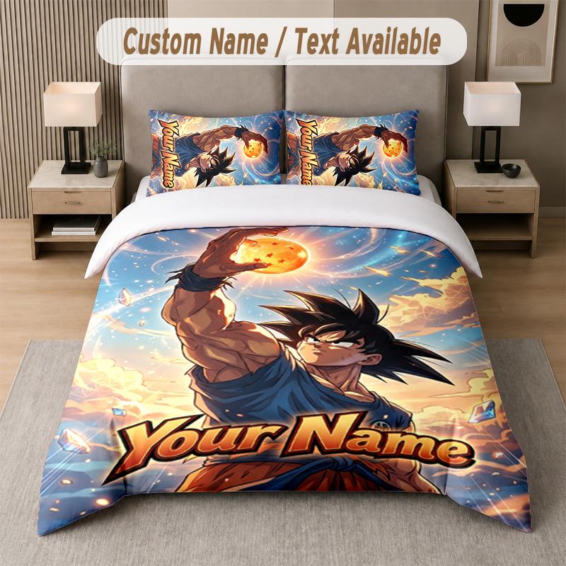 Dragon Ball 3Pcs Bedding Set, Personalized Custom Name Text, 1 Duvet Cover & 2 Pillowcases For Bedroom