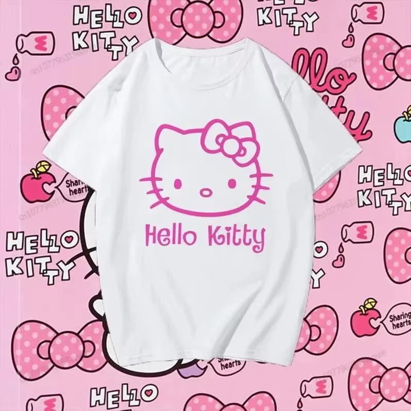 2026 new Summer HelloKitty Cute Print Tee Casual Short Sleeve Cotton Tops for Adults Kids Sweet Kawaii Style Daily Outfit