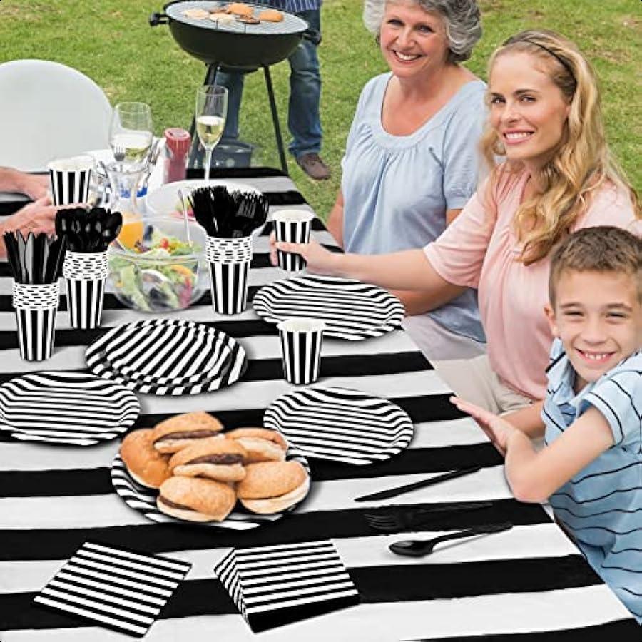 

ADXCO Набор одноразовой посуды из бумаги, 176 предметов, черно-белый, для вечеринки, включает полосатые тарелки и салфетки United States