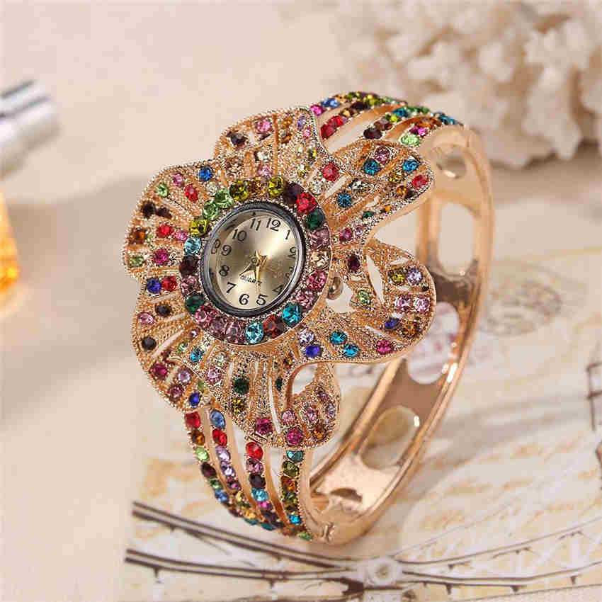 Luxurious Females Flower Design Strap Analog Quartz Watch Women Metal Wristwatch