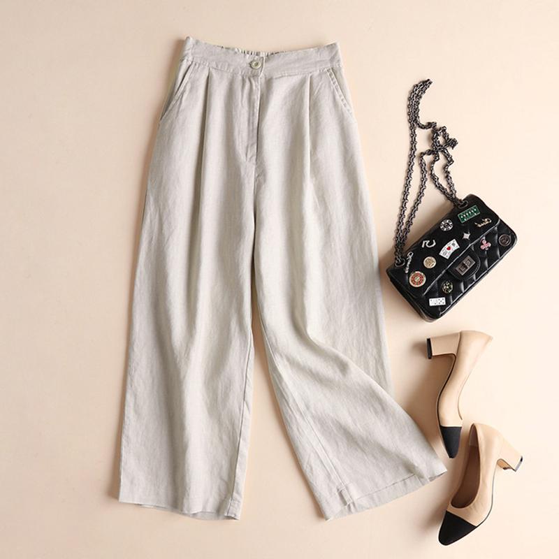 Women Fashion Cotton Linen Solid Color Thin Wide Leg Loose Ninth Pants
