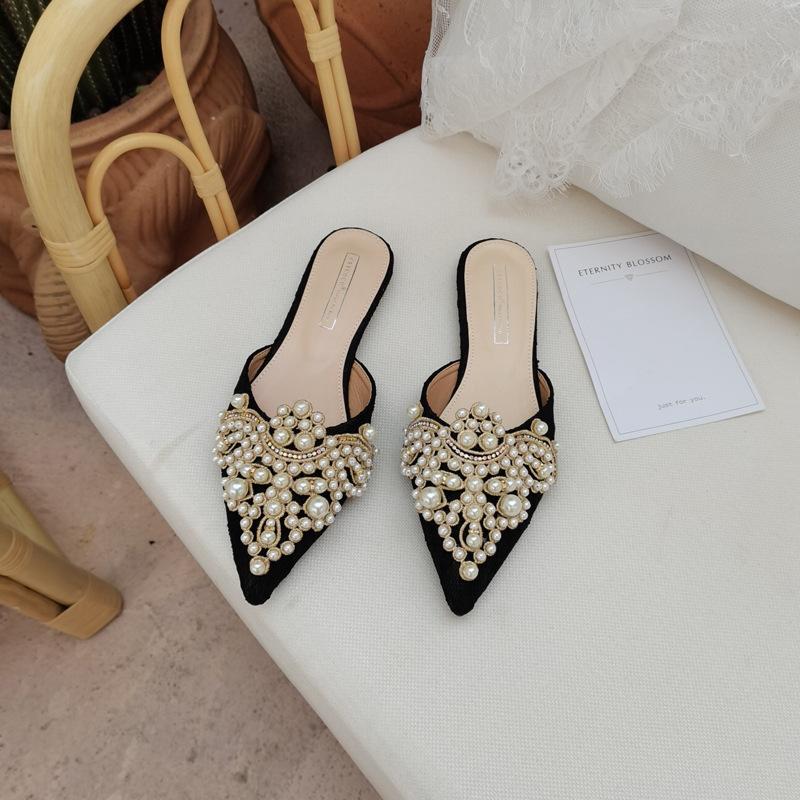 Designer Beads Wedding Shoes Women 2024 Lace Embroider Flats Woman Ballerina Pointed Toe Pearl Loafers Sneakers Plus Size 35-43