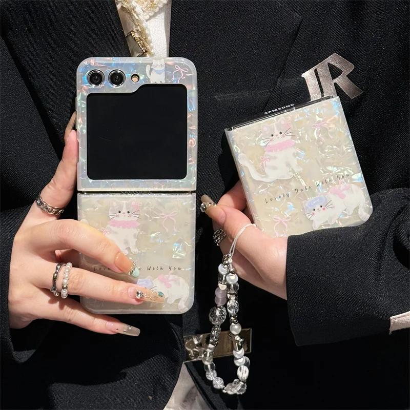 Phone Case For Samsung Galaxy Z Flip 3 4 5 Z Flip5 ZFlip 5 ZFlip5 Cartoon Cat Dog Bead Bracelet Shockproof Cover