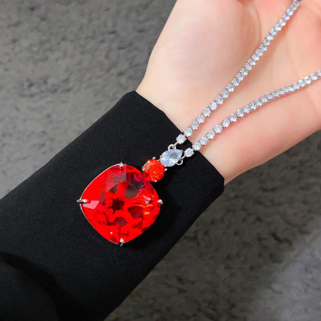 Imitation Paraiba Green Diamond Necklace Set Chain Luxury Full Diamond Redstone Dinner Wedding Stud Earrings Ring Women