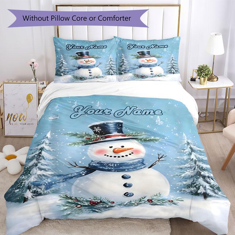 3PC Custom Name Winter Snowman Scene Bedding Set Duvet Cover Closure Includes 1 Duvet Cover & 2 Pillowcases for Bedroom