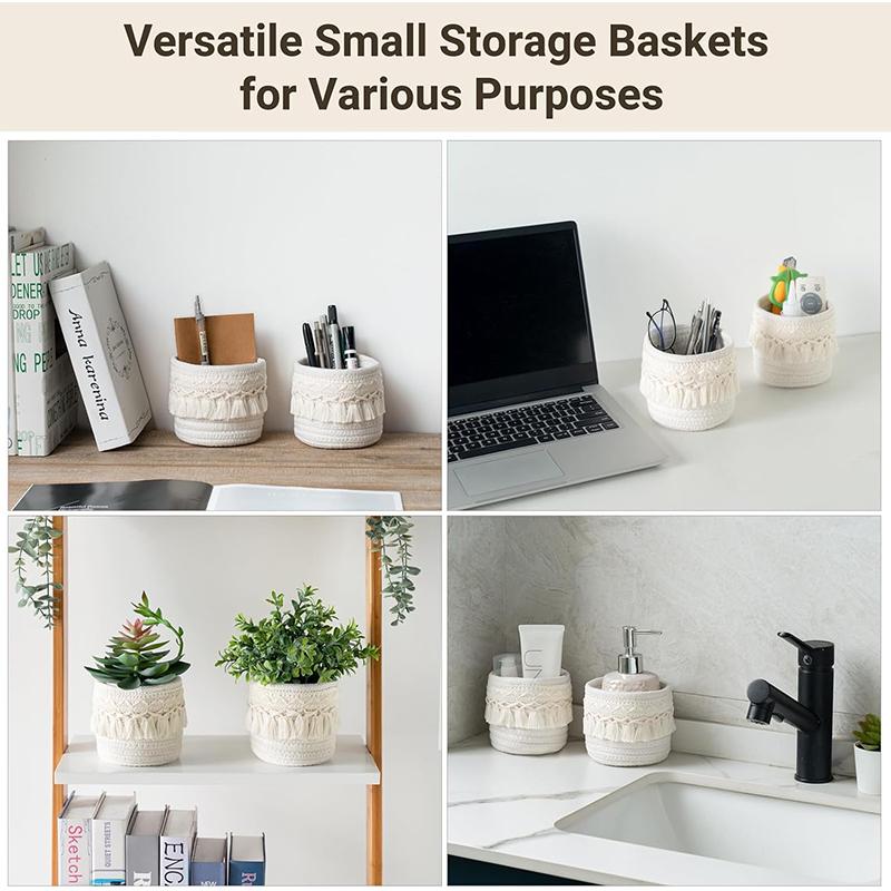 LMETJMA Macrame Makeup Organizer Boho Wicker Pencil Holder Makeup Brush Holder Organizer Comb Brushes Mini Storage Basket