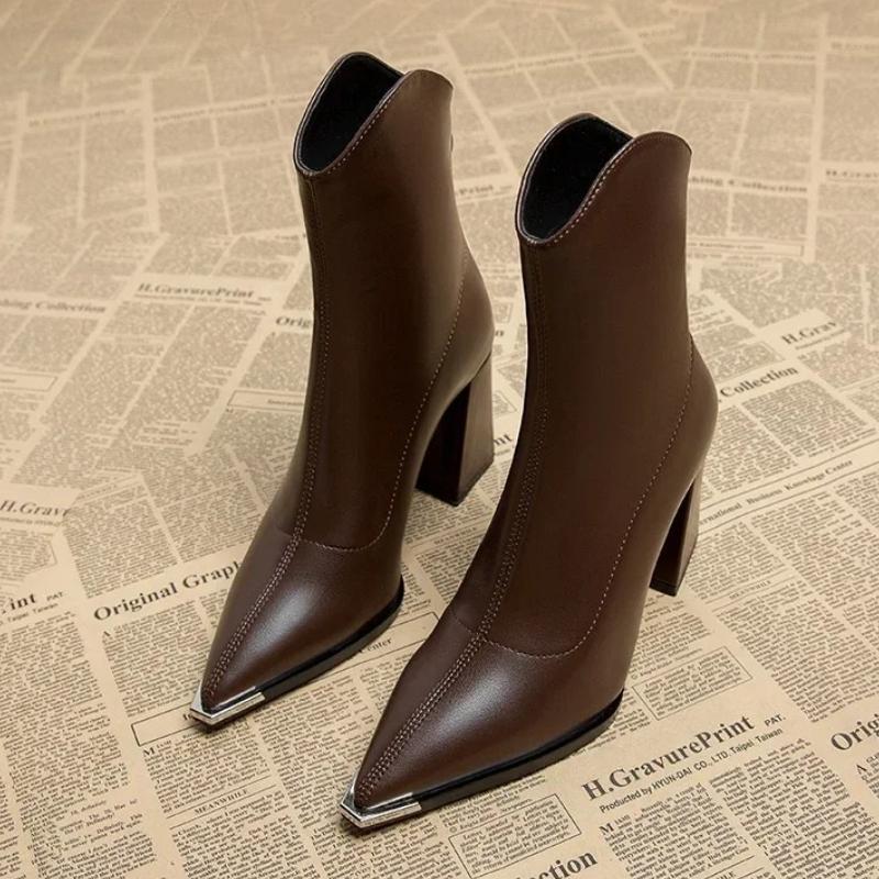 Autumn Winter Women'S High Heel Ankle Boots Fashion Back Zippers Pointed Toe Shoes Street Style Banquet Party Short Botas Mujer