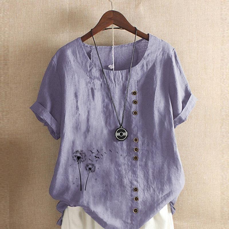 Women's Fashion Black Dandelion Prined Short Sleeve T-shirt Loose Cotton Shirt Casual Loose Summer Blouse Plus Size Tops