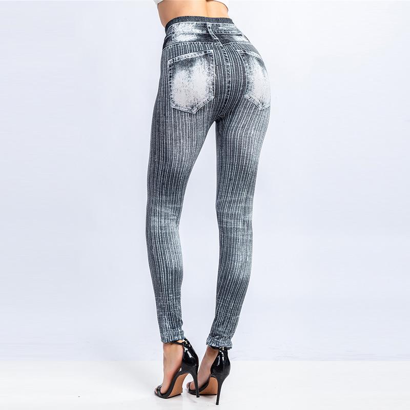 Women's Imitation Jeans Stretchable Slim Denim Pringting Leggings Hips Tights Pencil Pants High Waist Workout Gymwear