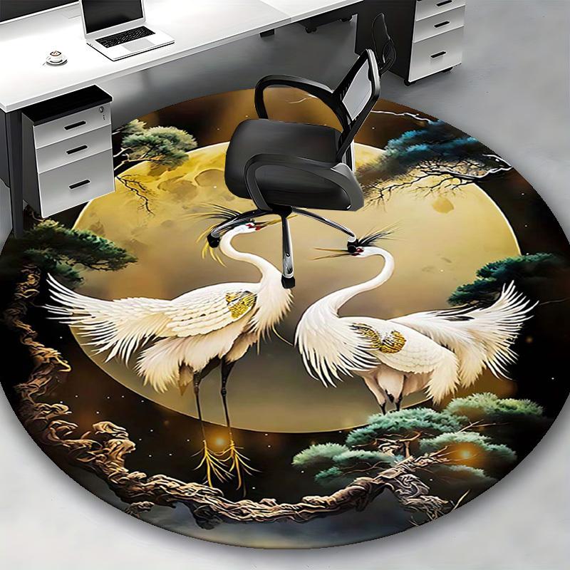 1pc Anime Crane Design Round Carpet Office Chair Mat, Non Slip Rug for Home Decor, All Seasons
