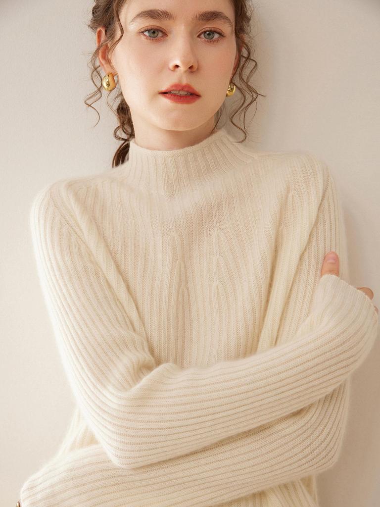 Women's Slim-Fit Ribbed Cashmere Sweater - Half-High Neck Knit Top for Autumn and Winter