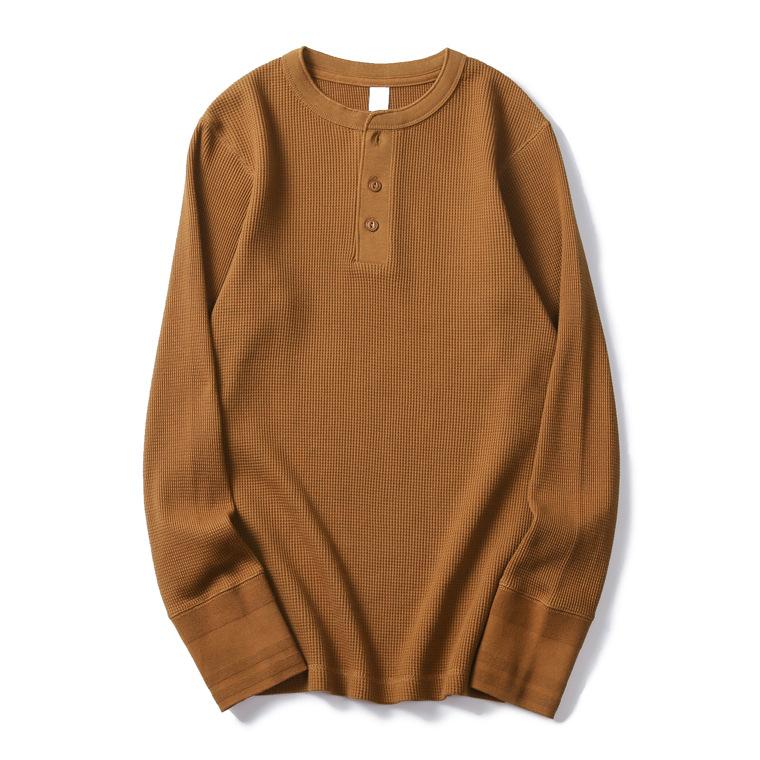 Męska koszulka z długim rękawem Henley Waflowy splot Ciężka Slim Fit Codzienna Vintage Wiosenna Warstwa bazowa Góra