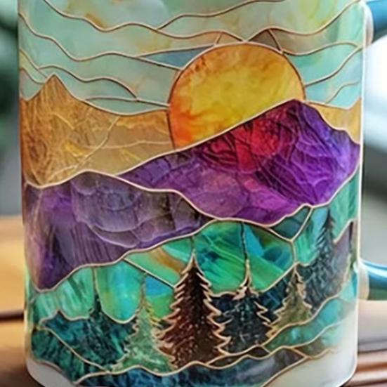 Keramický hrnek 3D akvarelový západ slunce 11/15oz Ergonomická rukojeť Jedinečný umělecký dárek pro domácnost a kancelář