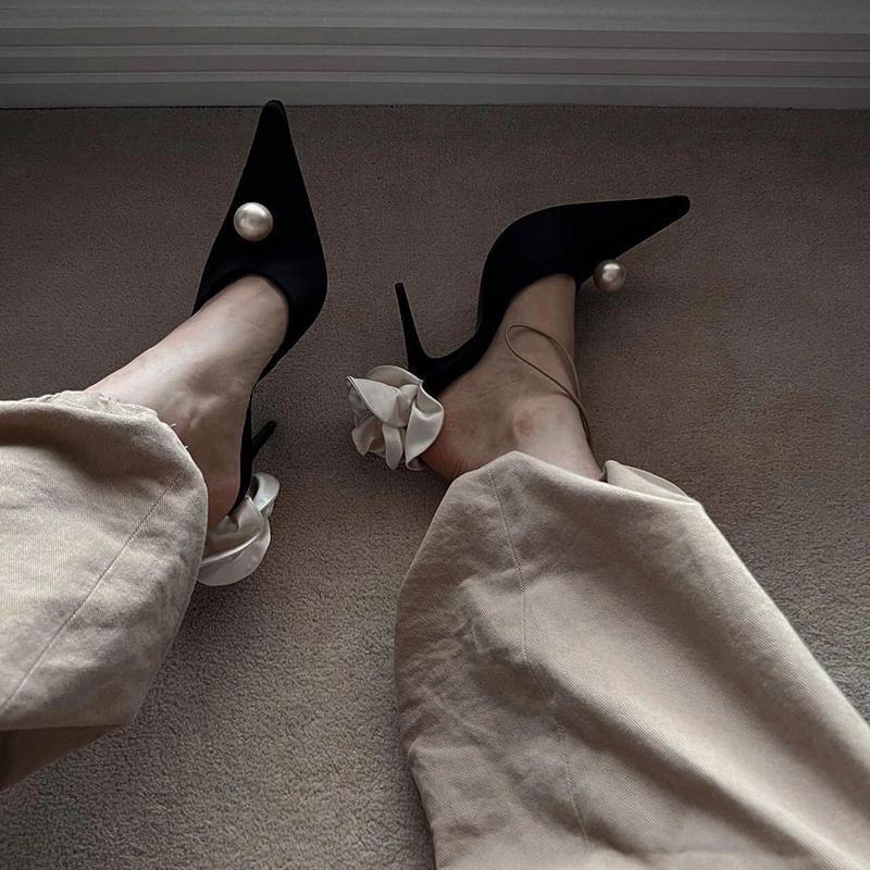 High Heels 2025 New Pointed Head Light Mouth Pearl Flower Muller Shoes Stiletto Black Satin Elegant Cool Slippers