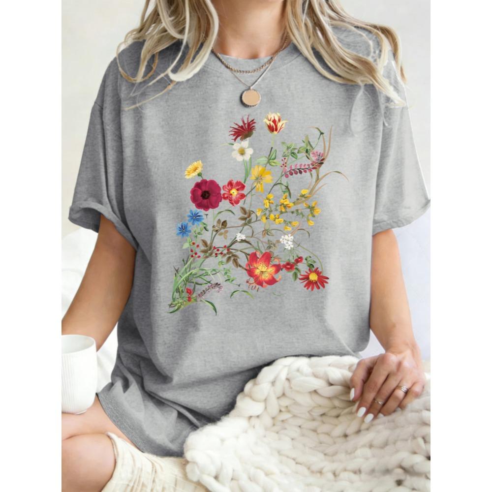 Beautiful Flowers Born In The Sun Print Women T-Shirts O-Neck Y2K Short Sleeve Cotton Casual T Shirt Oversized Clothes