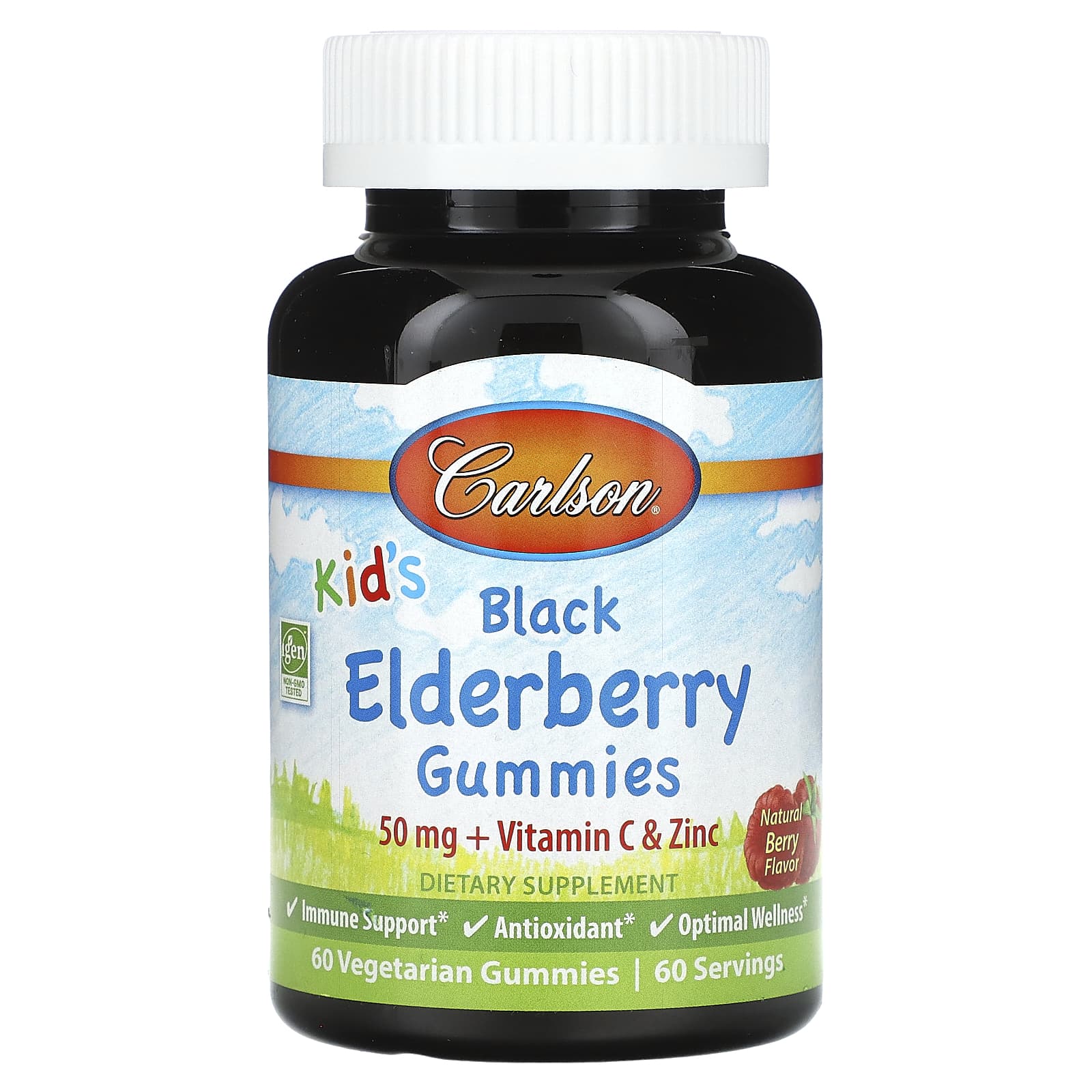 

Carlson, Children s Black Elderberry Gummies, Natural Berry, 50mg, 60 Vegan Gummies