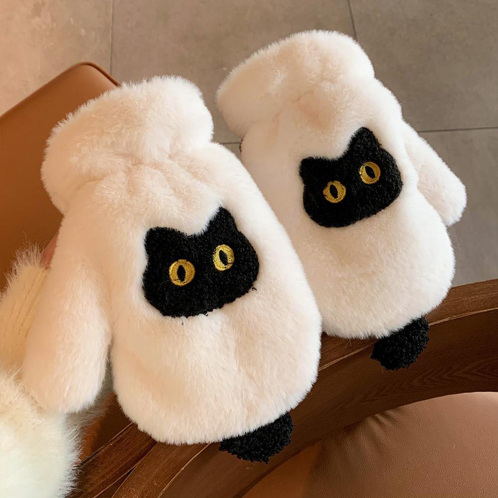 Cute Plush Gloves for Female Students In Winter Plus Velvet Thickened Versatile Fingers Furry Neck Cycling To Prevent Wind and Cold