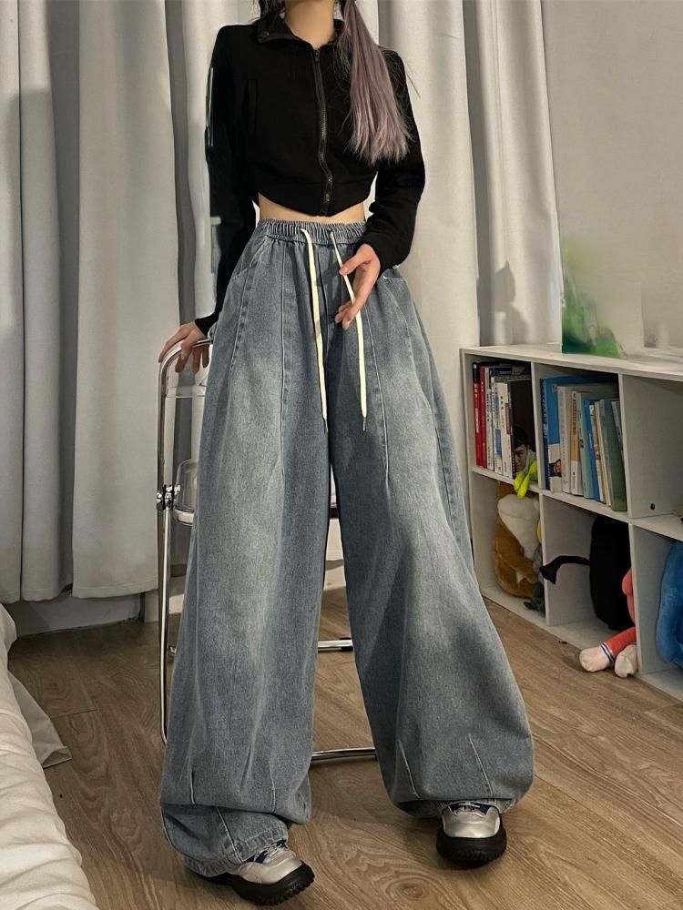 Jarní Vintage Baggy Jeans Elastický pas Ženy Oversized American Denim Široká noha Kalhoty Móda Streetwear Rovné Základní kalhoty Y2k