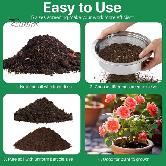 Soil Sifter Set Stainless Steel Sieve Frame with 5 Mesh Sieve Pans Rustproof Garden Sieve Kit for Stones Weeds Filtration