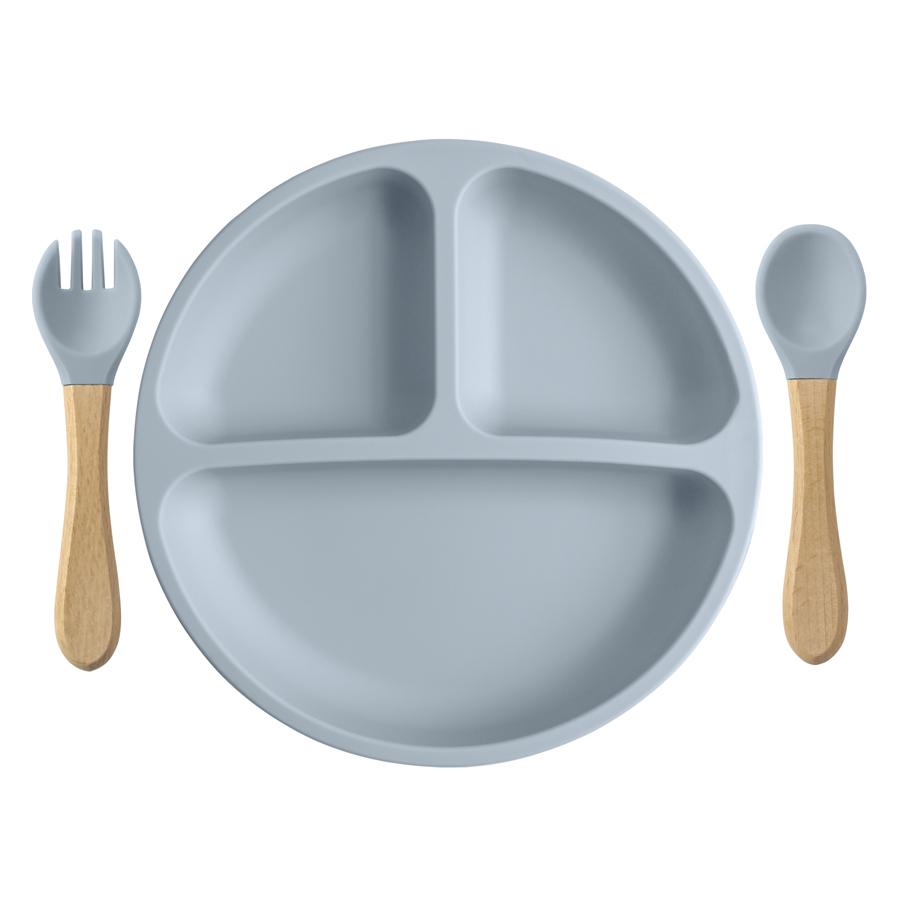 

3 шт. силиконовая детская посуда набор для кормления ребенка силиконовая тарелка деревянная ручка ложка вилка детская обучающая посуда без BPA