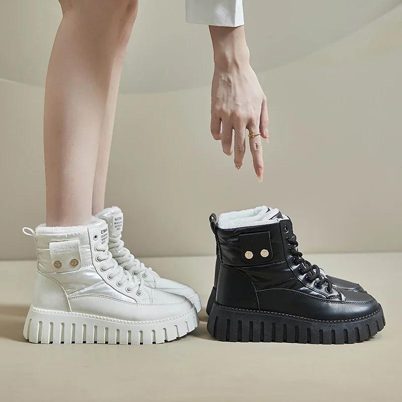 Mode 2024 Hochwertige Damen Schuhe Schnürstiefel Damen Winter Runde Zehenpartie Plüschfleece für Wärme Uni Kurzer Schaft Plateau Stiefel