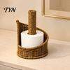 Woven Desk Paper Stand Imitation Rattan Toilet Holder, Round Towel Dispenser, Upright Roll Dispenser Boho Tissue Organizer for Bathroom Countertop And