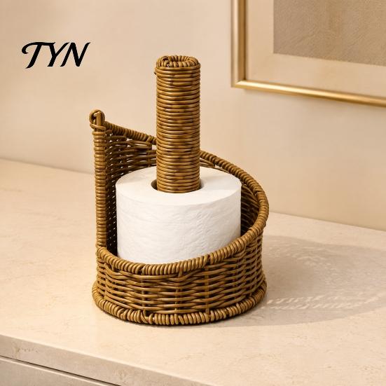 Woven Desk Paper Stand Imitation Rattan Toilet Holder, Round Towel Dispenser, Upright Roll Dispenser Boho Tissue Organizer for Bathroom Countertop And