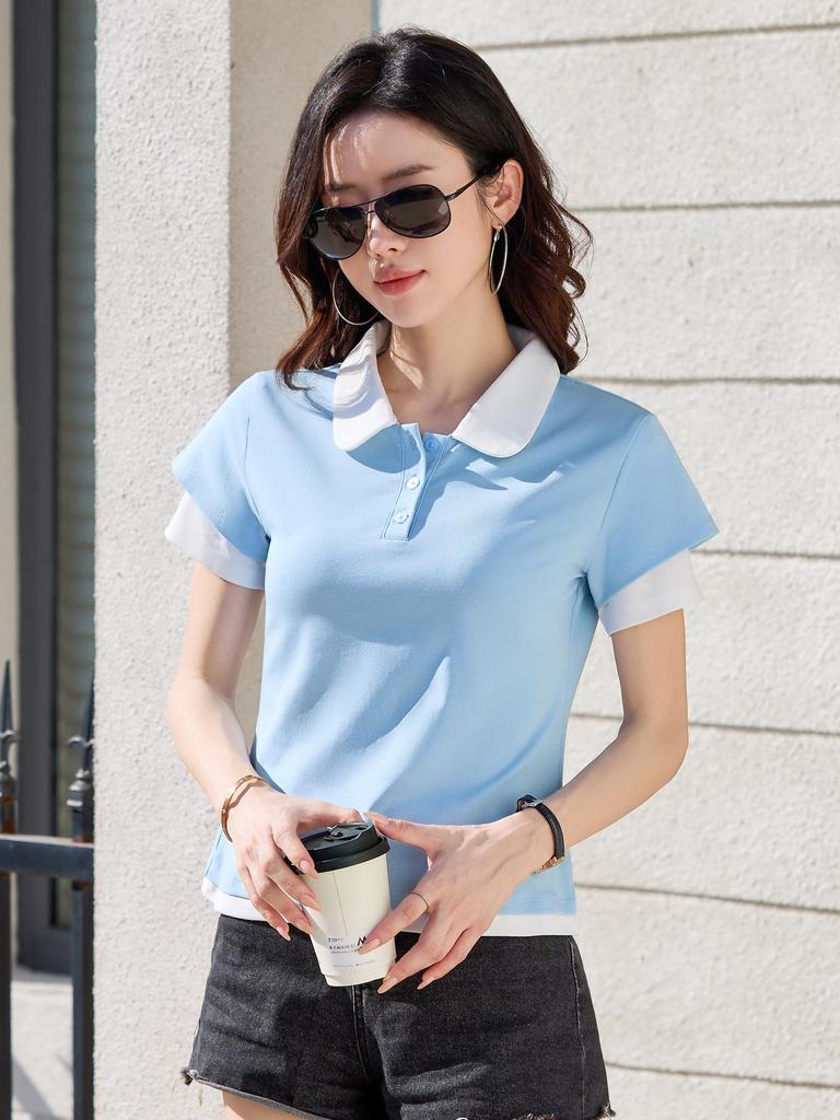 Spring/Summer 2026 Korean Style Women's Slim Fit Cotton T-shirt with Double Layer Sleeves