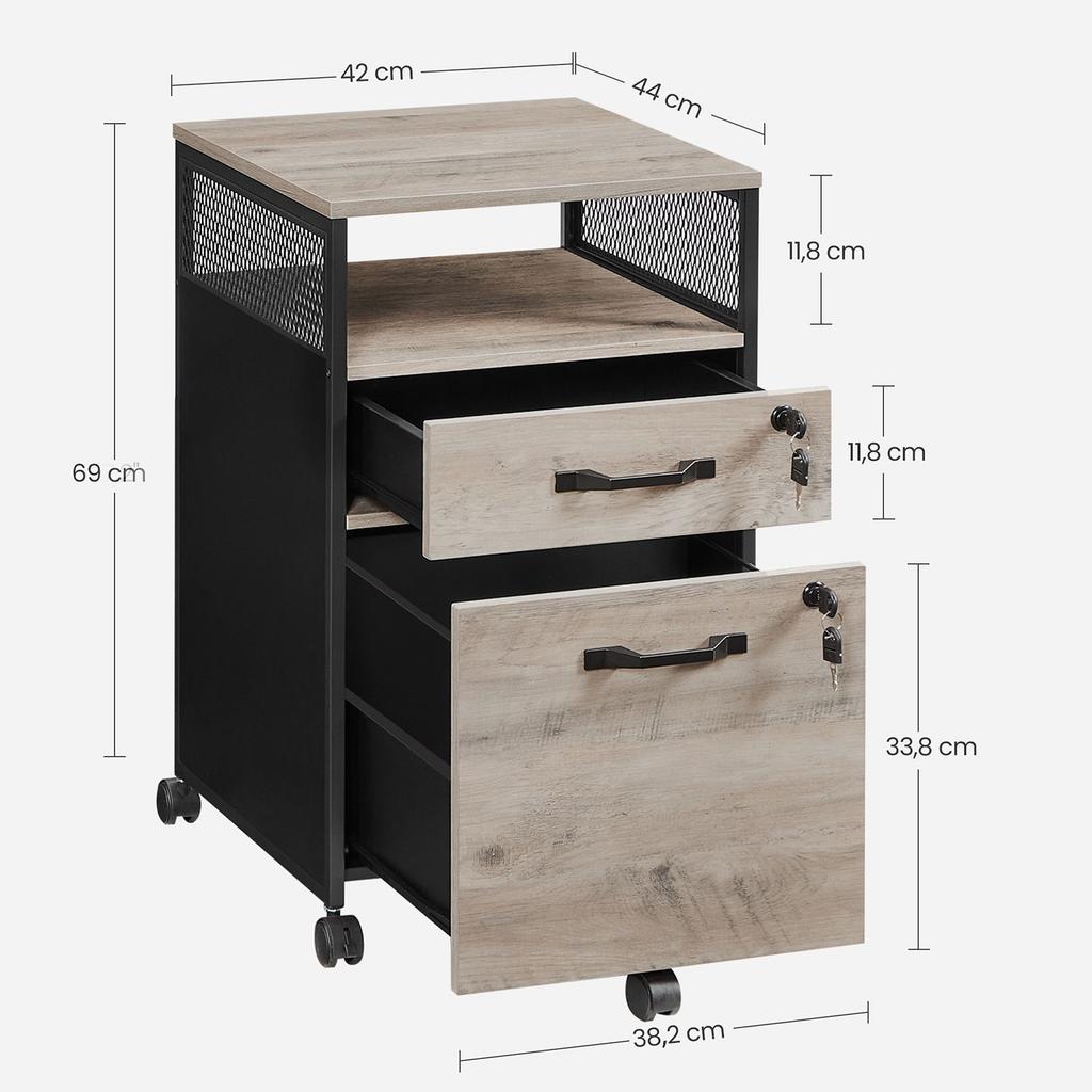 VASAGLE OFC077B02 Lockable Filing Cabinet Office Cabinet with Drawers, Universal Wheels, DIN A4 and Letter Format, Open Compartment, Steel Frame