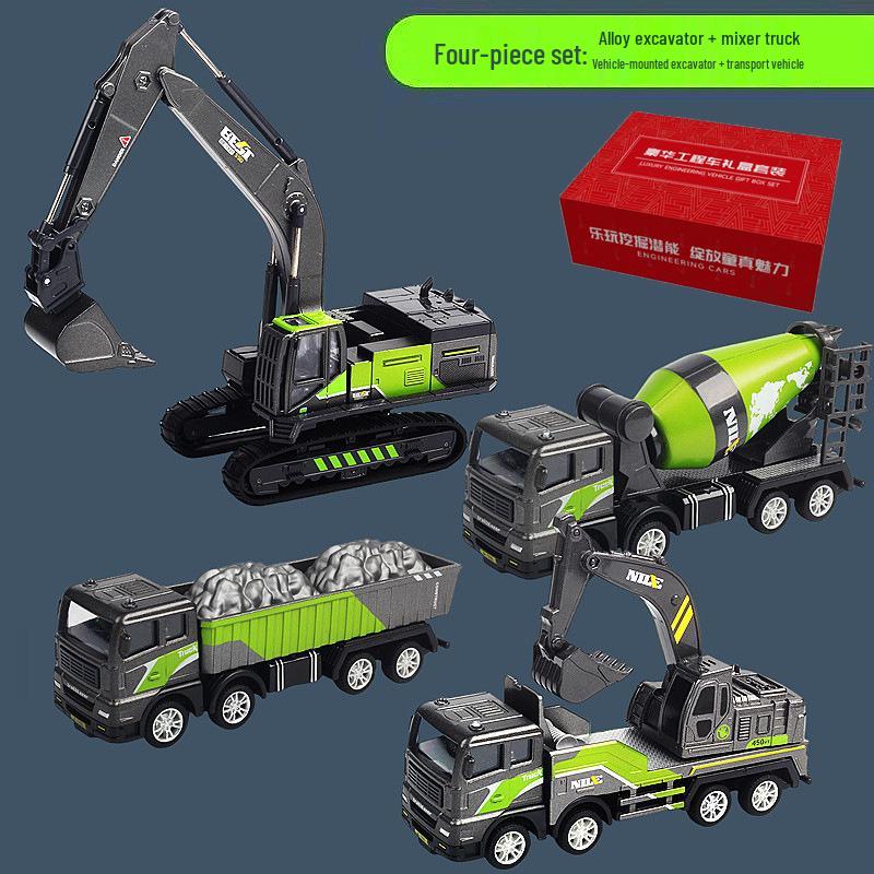 Children's Alloy Construction Vehicle Set: Excavator, Snowplow, Crane, Mixer Truck Simulation Toys
